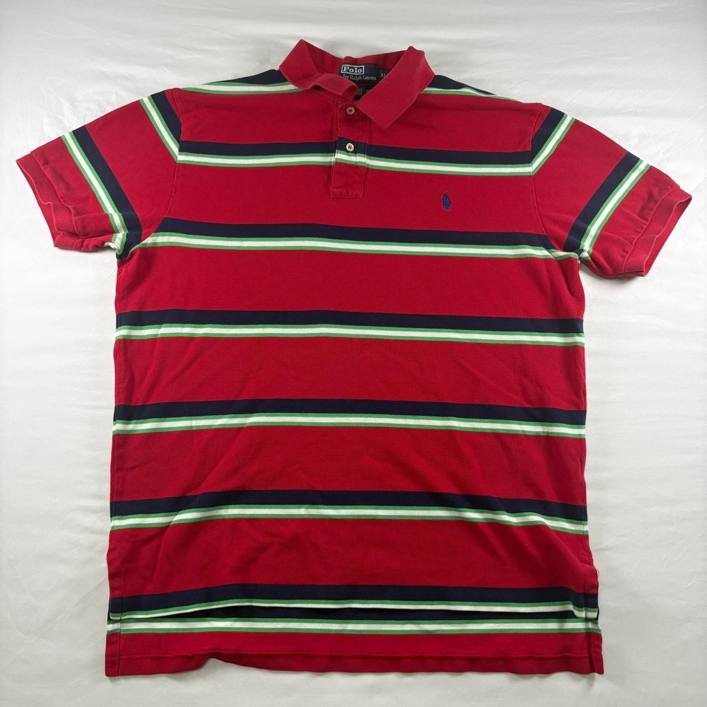 Polo Ralph Lauren Polo Shirt Mens XL Red Striped Short‎ Sleeve Cotton Pique